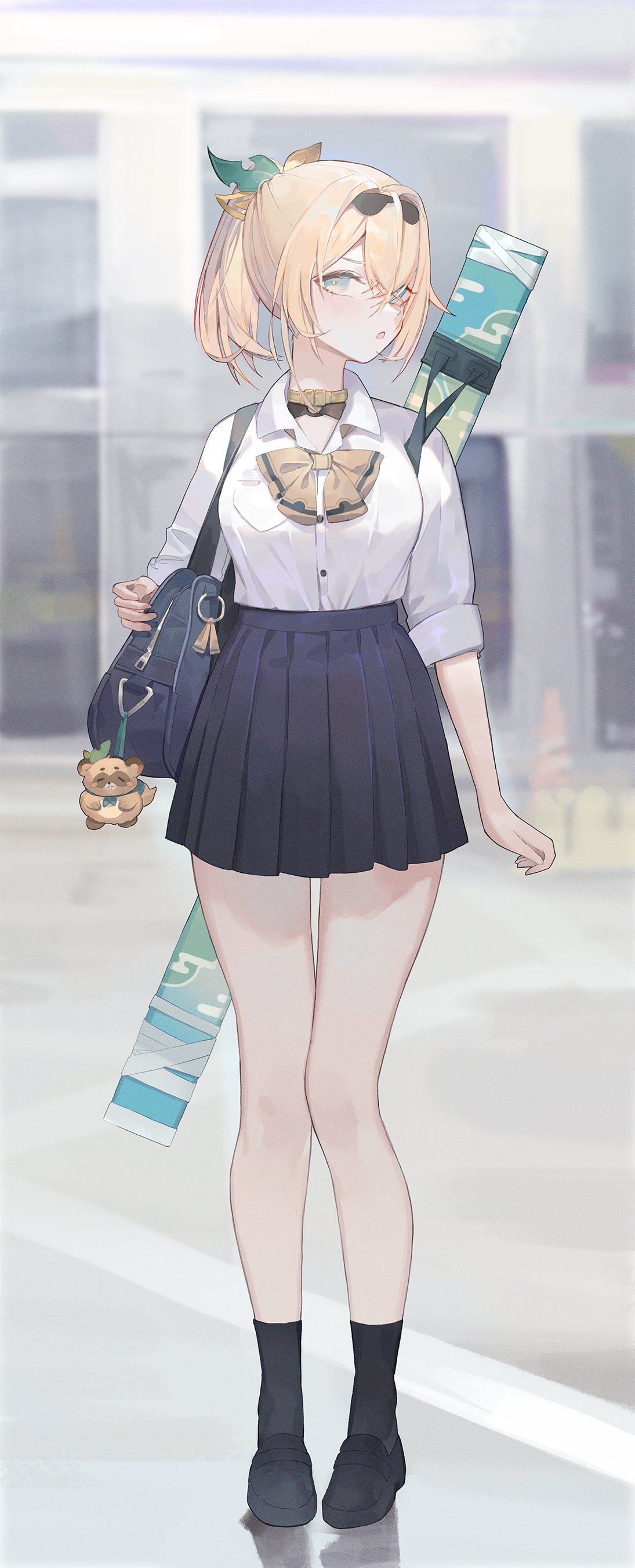1girl :o absurdres alternate_costume bag black_footwear black_hairband black_legwear black_skirt blonde_hair blue_eyes blurry blurry_background blush bow bowtie breasts buttons collared_shirt commentary contemporary dress_shirt egasumi full_body hair_between_eyes hair_intakes hair_ornament hairband highres hololive kazama_iroha keychain leaf_hair_ornament loafers looking_at_viewer lser116 medium_breasts medium_hair miniskirt multicolored_eyes open_mouth pleated_skirt pokobee ponytail school_bag school_uniform shirt shirt_tucked_in shoes skirt socks solo standing thighs virtual_youtuber weapon weapon_bag weapon_on_back white_shirt wing_collar yellow_bow yellow_bowtie yellow_collar yellow_eyes