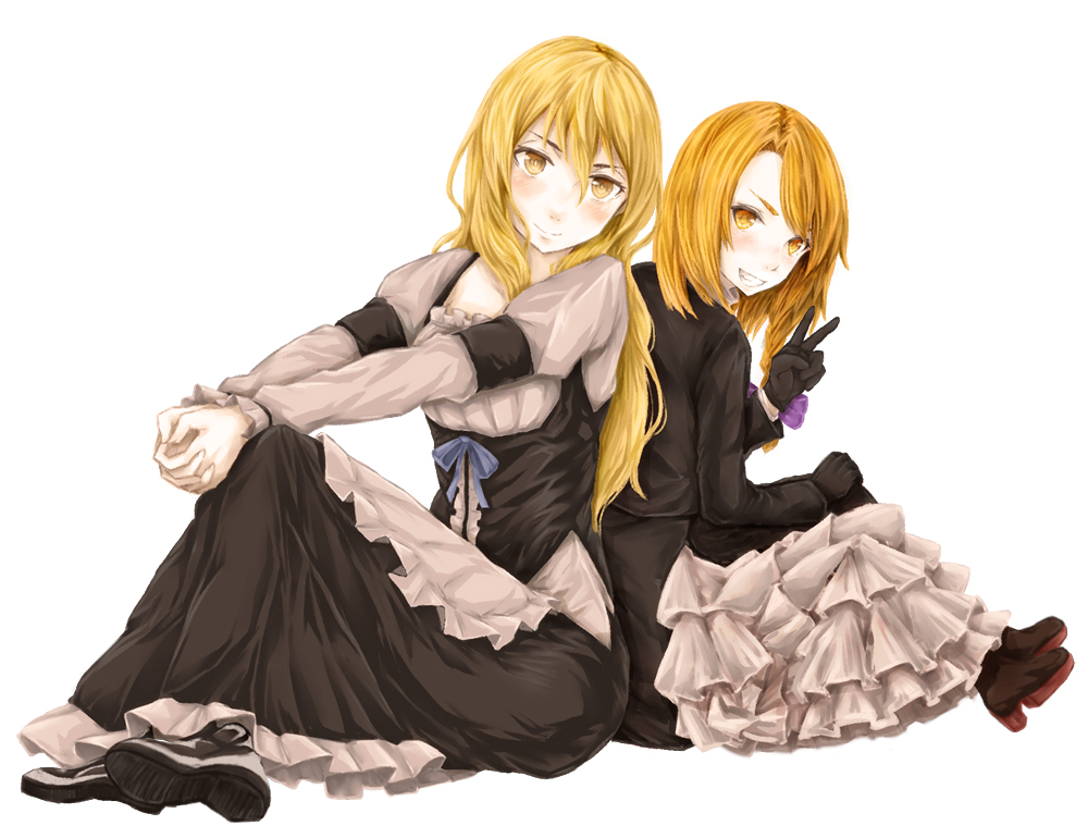 2girls back-to-back bangs black_coat black_dress black_footwear black_gloves blonde_hair blue_bow blush boots bow braid brown_footwear closed_mouth coat commentary_request cookie_(touhou) dress frilled_dress frills full_body gloves grin haiperion_buzan hair_between_eyes hair_bow high_heel_boots high_heels interlocked_fingers kirisame_marisa long_dress long_hair long_sleeves looking_at_viewer mars_(cookie) multiple_girls own_hands_together petticoat purple_bow rei_(cookie) side_braid simple_background single_braid sitting smile touhou v white_background yellow_eyes