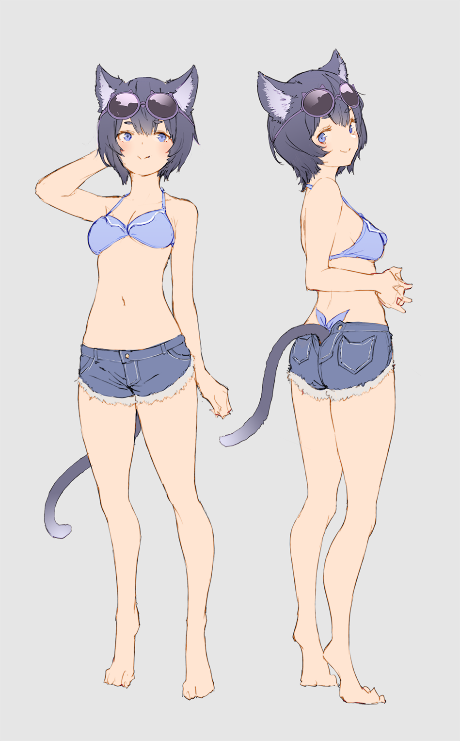 1girl :&gt; animal_ears animal_feet arm_up bare_shoulders barefoot bikini bikini_top_only blue_bikini blue_eyes blue_hair blush closed_mouth collarbone denim denim_shorts eyewear_on_head grey_background highres kemono_fabric mogumo multiple_views navel original own_hands_together purple-framed_eyewear short_hair shorts simple_background smile standing swimsuit tail