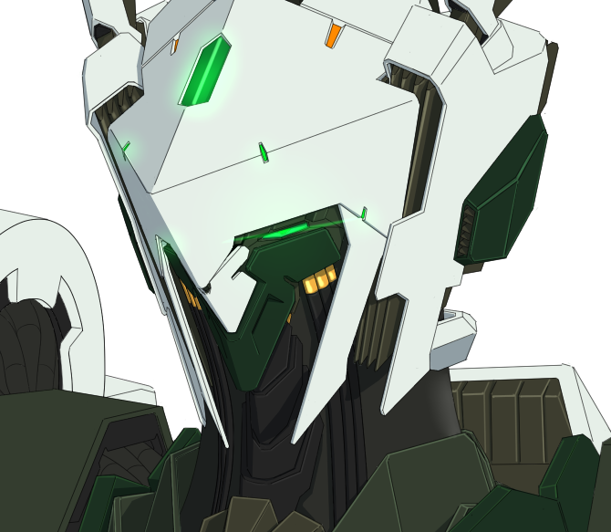 glowing glowing_eye green_eyes looking_ahead mecha no_humans original portrait science_fiction solo timberwolf87 white_background