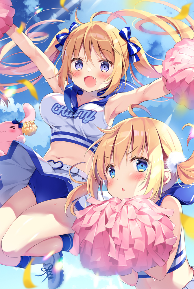&gt;_&lt; 2girls :d :o armpits bangs bare_arms bare_shoulders belt belt_buckle blonde_hair blue_buruma blue_eyes blue_sky blush bow breasts buckle buruma cheerleader clothes_lift clouds cloudy_sky commentary_request confetti crop_top day eyebrows_visible_through_hair fang hair_between_eyes hair_bow heart heart-shaped_buckle holding long_hair medium_breasts midair midriff multiple_girls navel original outdoors pan_(mimi) parted_lips pleated_skirt pom_pom_(cheerleading) shirt shoes skirt skirt_lift sky sleeveless sleeveless_shirt smile socks striped striped_bow stuffed_animal stuffed_bunny stuffed_toy twintails very_long_hair violet_eyes white_belt white_footwear white_legwear white_shirt white_skirt