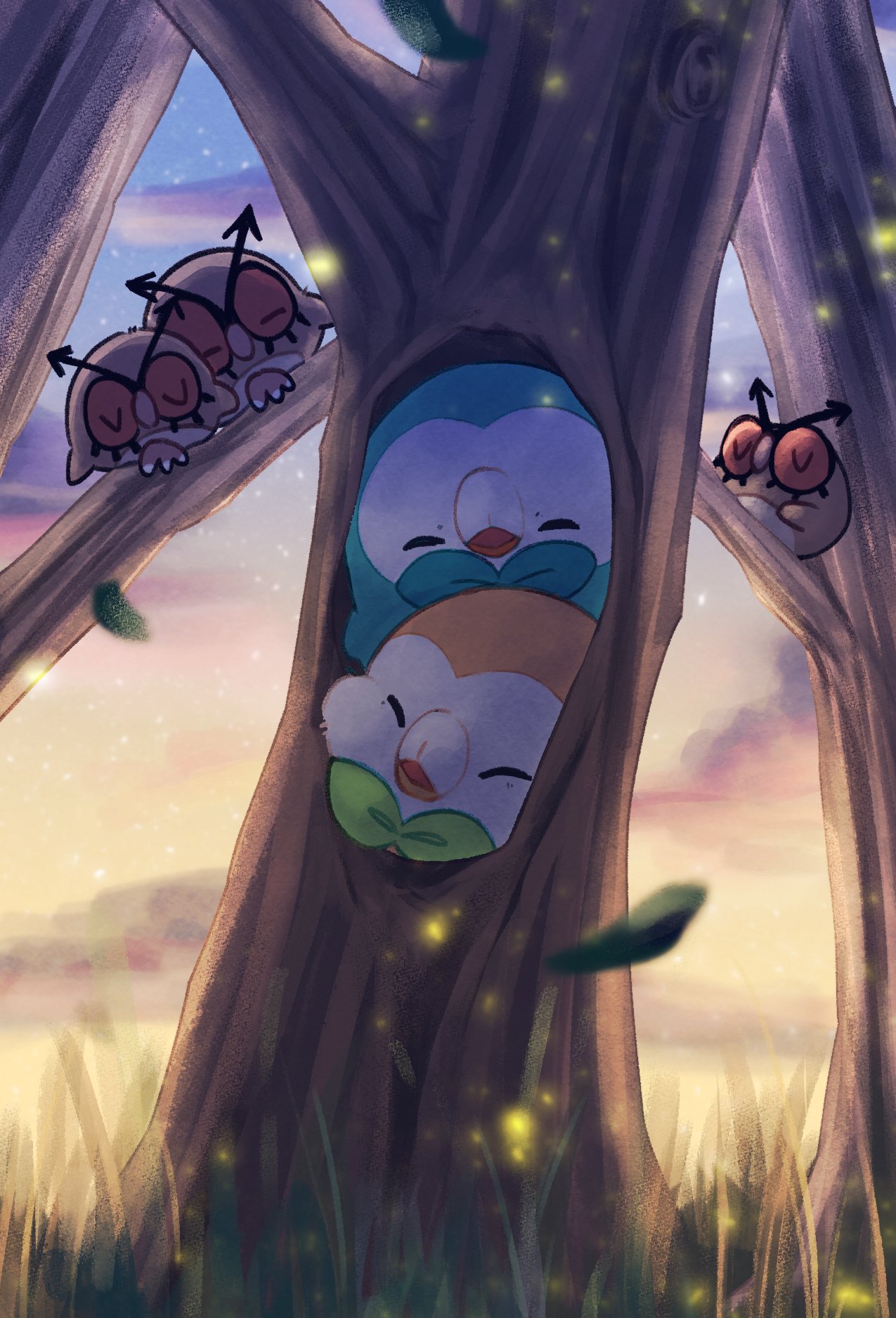 alternate_color bird blurry closed_eyes clouds commentary falling_leaves grass highres hoothoot in_tree leaf no_humans outdoors owl pokemon pokemon_(creature) rowlet sharowolet shiny_pokemon sky sleeping tree twilight u_u