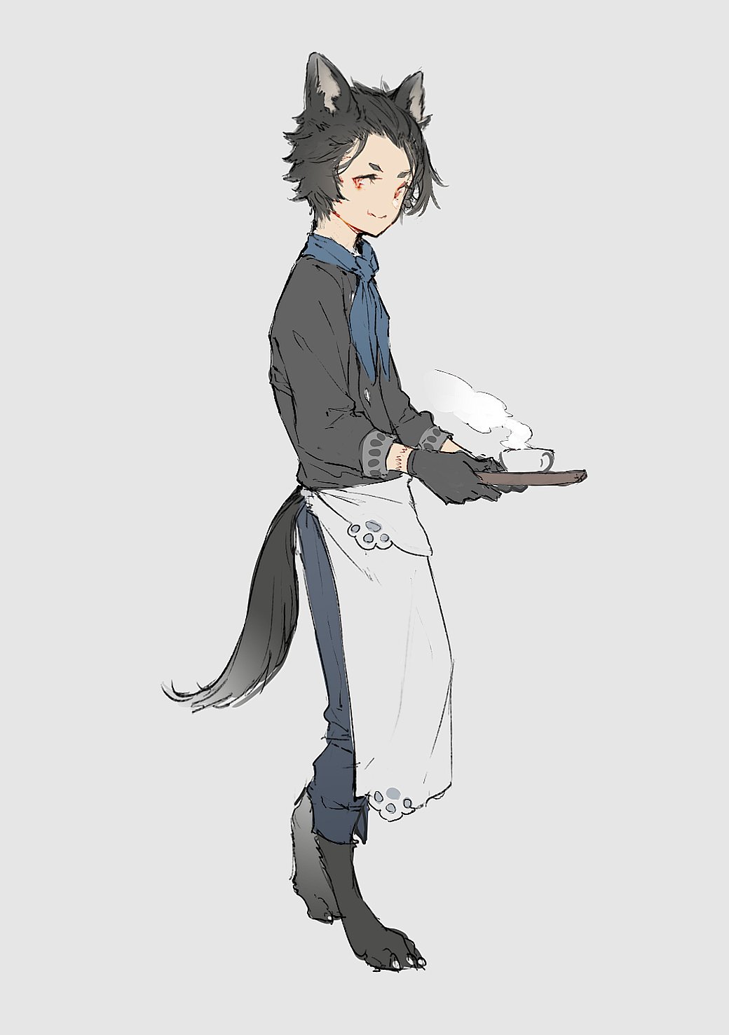 1boy animal_ears animal_feet animal_hands barefoot black_hair blue_neckerchief closed_mouth cup grey_background hair_slicked_back highres holding holding_tray kemono_fabric male_focus mogumo neckerchief orange_eyes original simple_background sleeves_rolled_up smile solo steam tail teacup tray waiter walking wolf_boy