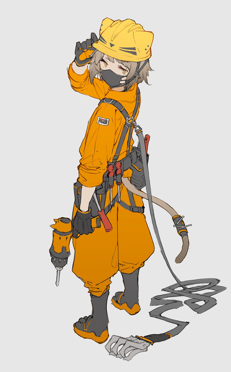1girl belt belt_pouch black_gloves brown_hair construction_worker gloves grey_background grey_footwear hardhat helmet highres holding kemono_fabric light_brown_hair looking_back mask mogumo mouth_mask nail original pouch power_drill screwdriver short_hair simple_background sleeves_rolled_up solo standing tail yellow_eyes
