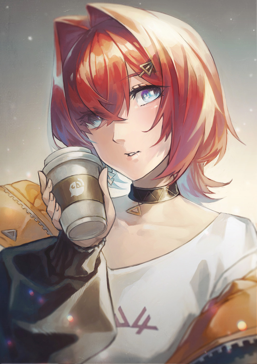 1girl a-er_(akkij0358) ange_katrina bangs blue_eyes choker coffee_cup crossed_bangs cup disposable_cup grey_background highres jacket looking_at_viewer nijisanji open_clothes open_jacket redhead short_hair solo upper_body virtual_youtuber