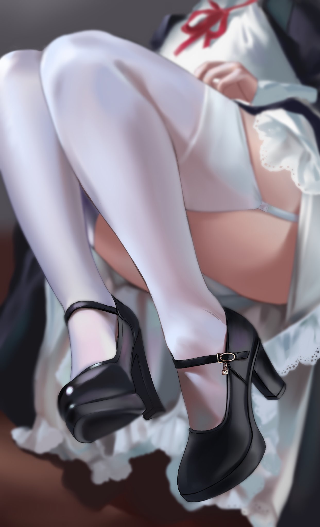 1girl black_footwear blurry blurry_background depth_of_field english_commentary frills garter_straps geiger head_out_of_frame highres legs long_sleeves lower_body maid neck_ribbon original panties pantyshot ribbon shoes skirt skirt_set solo strappy_heels thigh-highs thighs underwear white_legwear white_panties