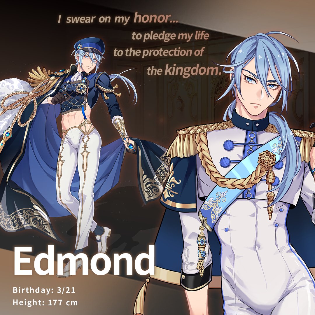 1boy aiguillette bishounen blue_eyes bodysuit bulge covered_navel edmond_(nu_carnival) epaulettes full_body gem knight light_blue_hair long_hair long_sleeves looking_at_viewer low_ponytail male_focus nu_carnival official_art