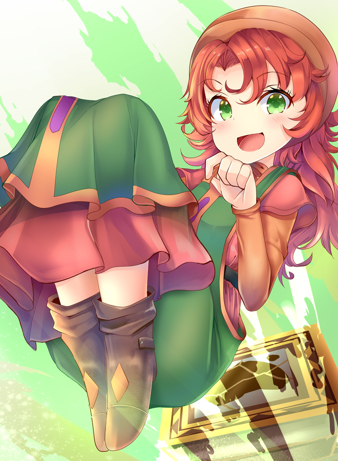 1girl aru_(arudes) boots curly_hair dragon_quest dragon_quest_vii dress full_body green_eyes hood long_hair looking_at_viewer maribel_(dq7) open_mouth orange_hair smile solo