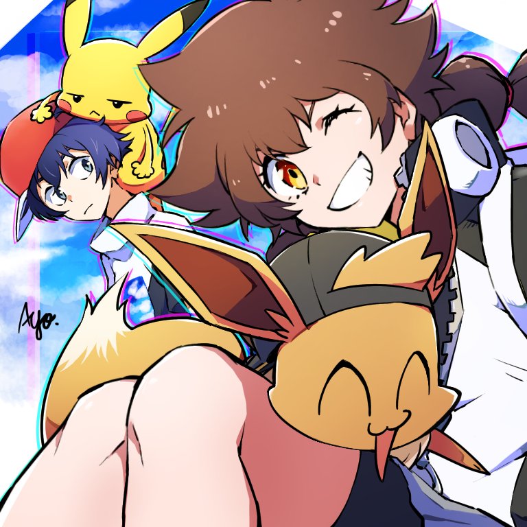 1boy 1girl :&lt; ^_^ ayo_(ayosanri009) backwards_hat bangs black_hair brown_hair closed_eyes closed_mouth clouds commentary_request day eevee eyelashes frown gotcha! gotcha!_boy_(pokemon) gotcha!_girl_(pokemon) grin hat hatted_pokemon jacket long_hair multi-tied_hair one_eye_closed outdoors pikachu pokemon pokemon_(creature) red_headwear short_hair signature sky smile teeth white_jacket zipper