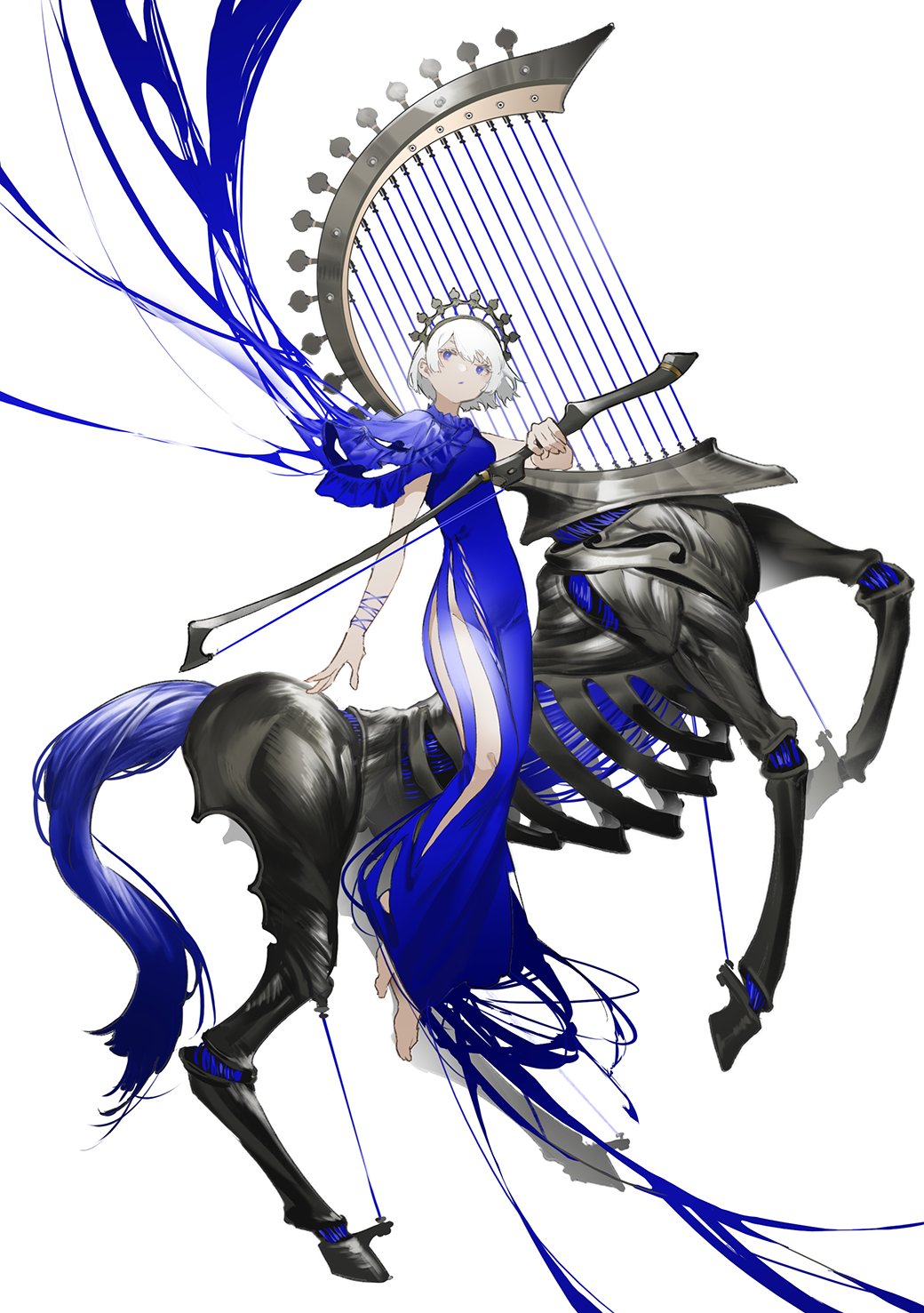 1girl abstract animal barefoot blue_dress blue_eyes blue_lips closed_mouth dress frilled_dress frills grey_background harp highres holding holding_instrument horse instrument mogumo original short_hair simple_background solo white_hair