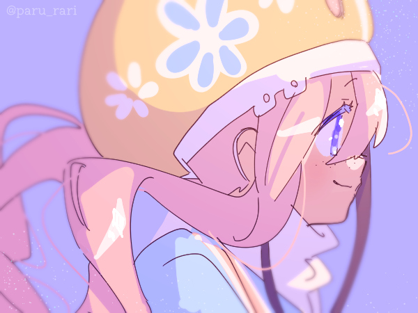 1girl aqua_background bicycle_helmet blue_dress blue_eyes blurry colored_eyelashes dress eyebrows_visible_through_hair floral_print freckles helmet long_hair looking_ahead magia_record:_mahou_shoujo_madoka_magica_gaiden magical_girl mahou_shoujo_madoka_magica orange_hair paru_rari portrait profile scarf signature simple_background smile solo sparkle twintails twitter_username white_scarf yukari_miyuri