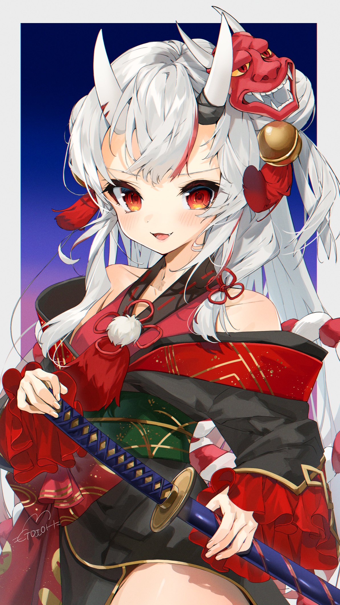1girl bangs bare_shoulders bell black_kimono blush double_bun fang gotoh510 hair_bell hair_ornament hand_on_hilt highres holding holding_sheath holding_sword holding_weapon hololive horns japanese_clothes jingle_bell kimono long_hair looking_at_viewer mask mask_on_head multicolored_hair nakiri_ayame obi oni_horns oni_mask open_mouth red_eyes redhead sash sheath sheathed signature smile solo streaked_hair sword virtual_youtuber weapon white_hair
