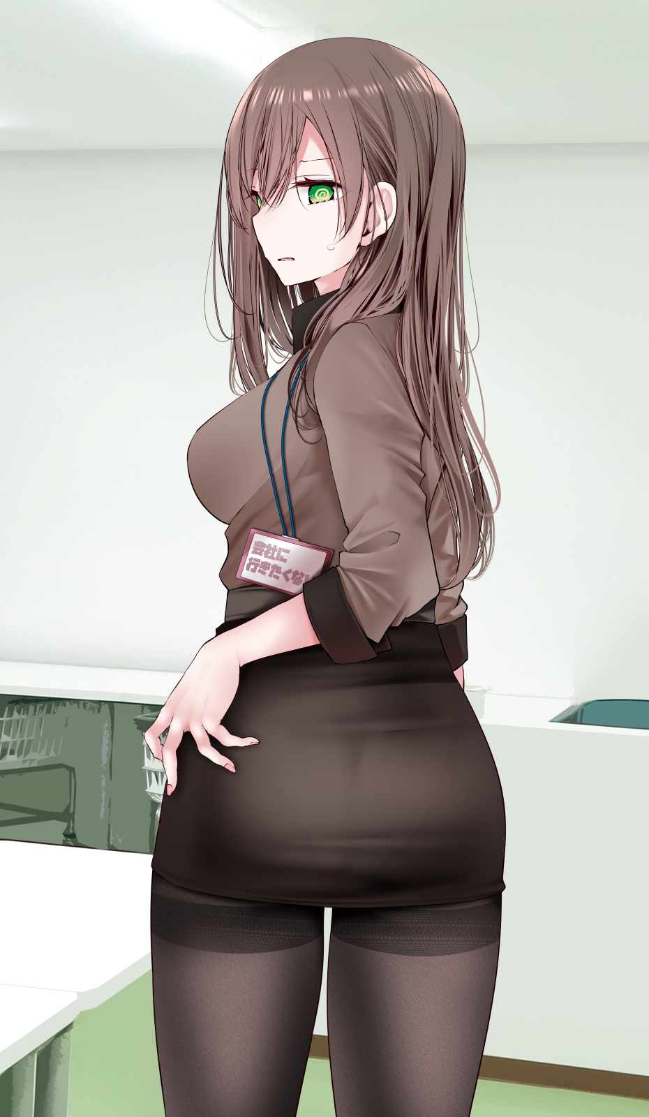 1girl bangs black_legwear breasts brown_hair brown_legwear brown_skirt brown_suit formal green_eyes highres large_breasts long_hair long_sleeves looking_at_viewer looking_back office_lady oouso original pantyhose see-through see-through_shirt skirt skirt_suit solo suit thighband_pantyhose