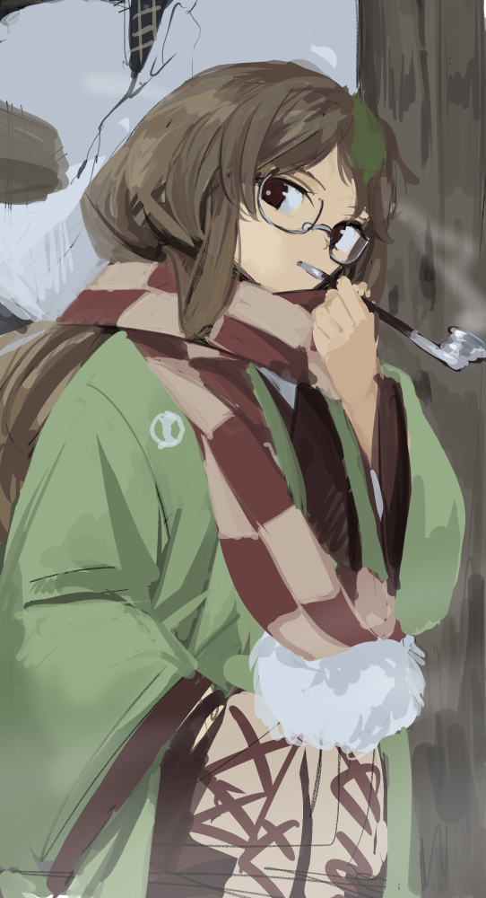 1girl alternate_costume brown_hair clip_studio_paint_(medium) futatsuiwa_mamizou glasses hand_in_pocket leaf leaf_on_head long_hair looking_at_viewer official_alternate_costume scarf smoke smoking_pipe solo suna_(s73d) touhou