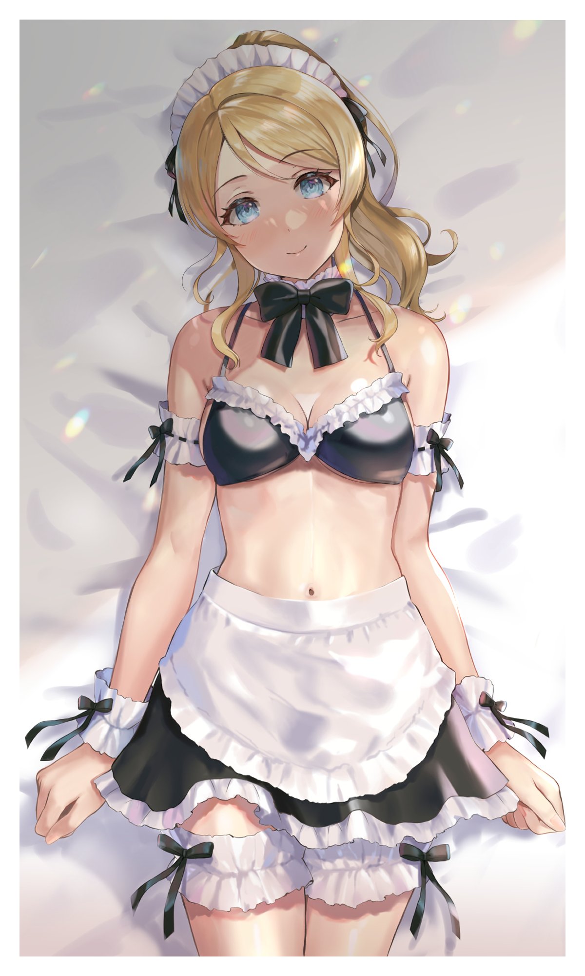 1girl apron ayase_eli black_bow black_bowtie black_bra blonde_hair blue_eyes bow bowtie bra breasts closed_mouth cowboy_shot frilled_bra frilled_skirt frills from_above highres looking_at_viewer love_live! love_live!_school_idol_project lying maid maid_headdress medium_breasts navel on_back sakamuke skirt solo underwear waist_apron