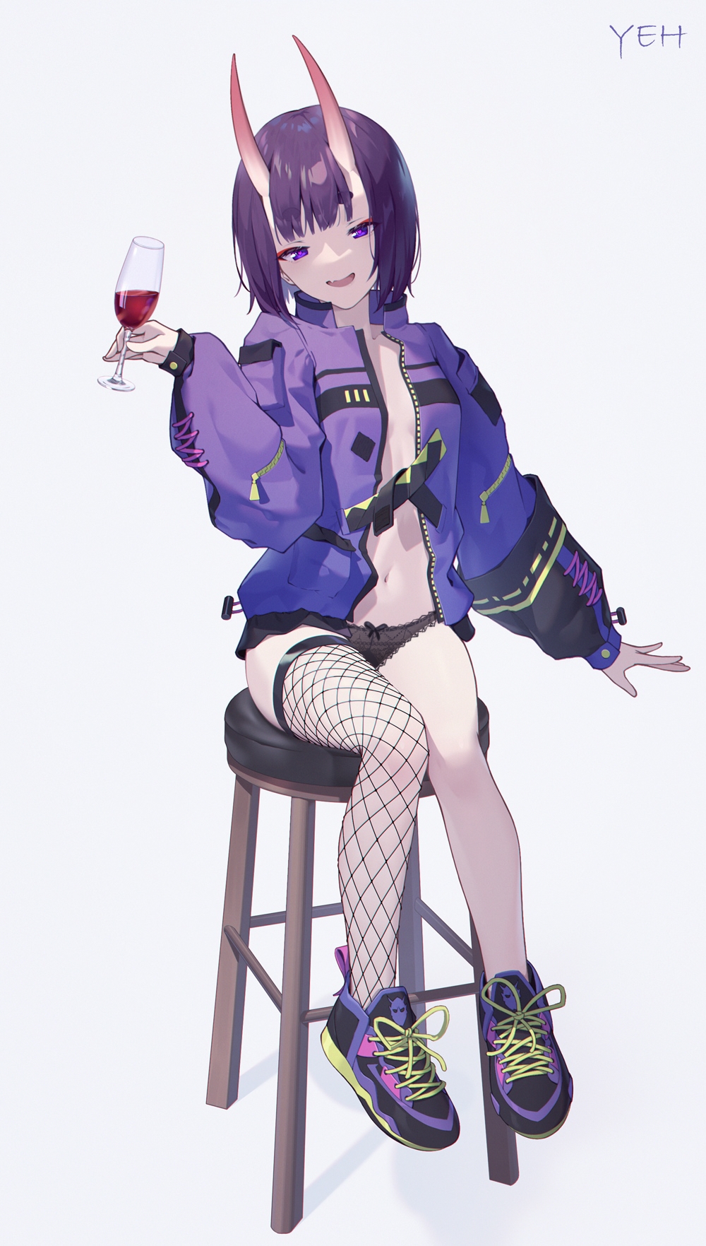 1girl alcohol bangs black_panties bob_cut bow_panties breasts cup drinking_glass eyeliner fate/grand_order fate_(series) fishnet_legwear fishnets highres holding_drinking_glass horns jacket lace-trimmed_panties long_sleeves looking_at_viewer makeup navel no_bra oni oni_horns open_clothes open_jacket open_mouth panties purple_footwear purple_hair purple_jacket shoes short_hair shuten_douji_(fate) single_thighhigh sitting skin-covered_horns small_breasts smile sneakers solo stool thigh-highs underwear violet_eyes white_background wine wine_glass yeh_(354162698)