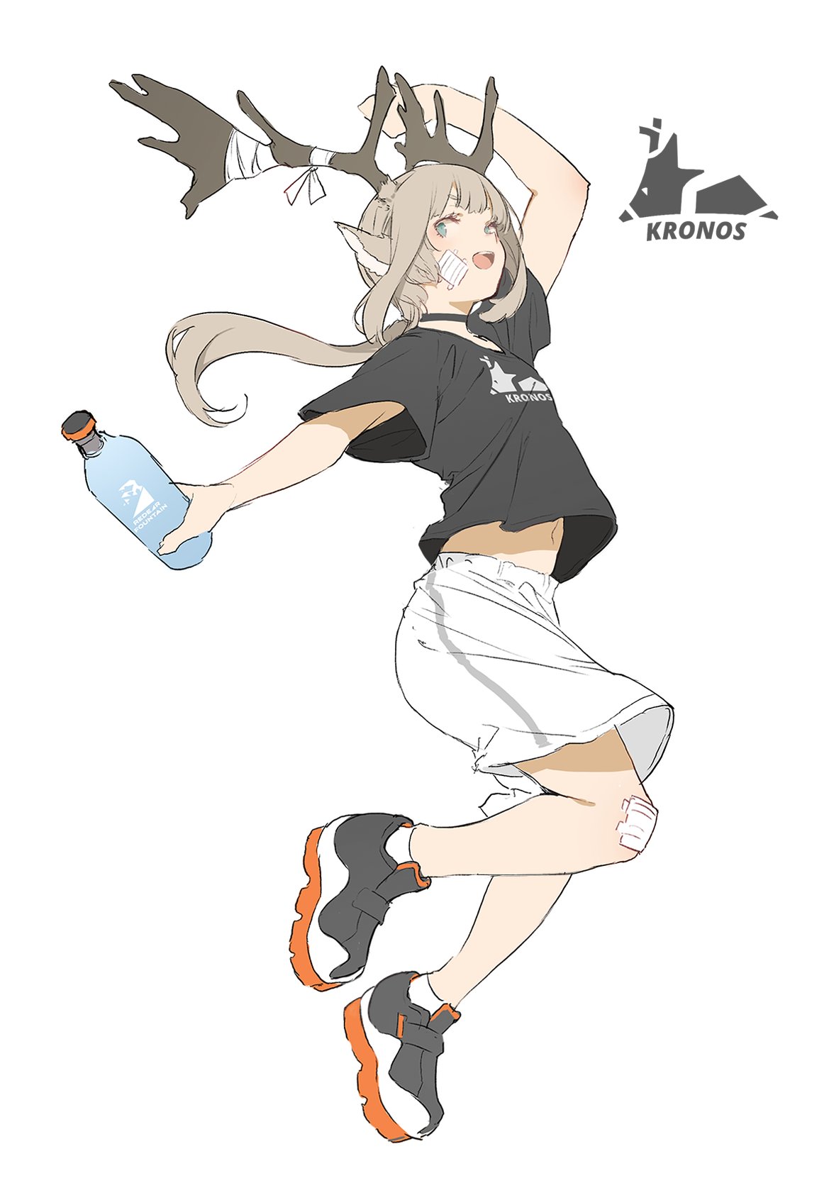 1girl animal_ears antlers aqua_eyes bandaid bandaid_on_face bandaid_on_knee bandaid_on_leg blush bottle brown_hair grey_background highres holding holding_bottle kemono_fabric light_brown_hair long_hair midriff_peek mogumo navel open_mouth original shoes simple_background sneakers solo teeth tongue upper_teeth water_bottle