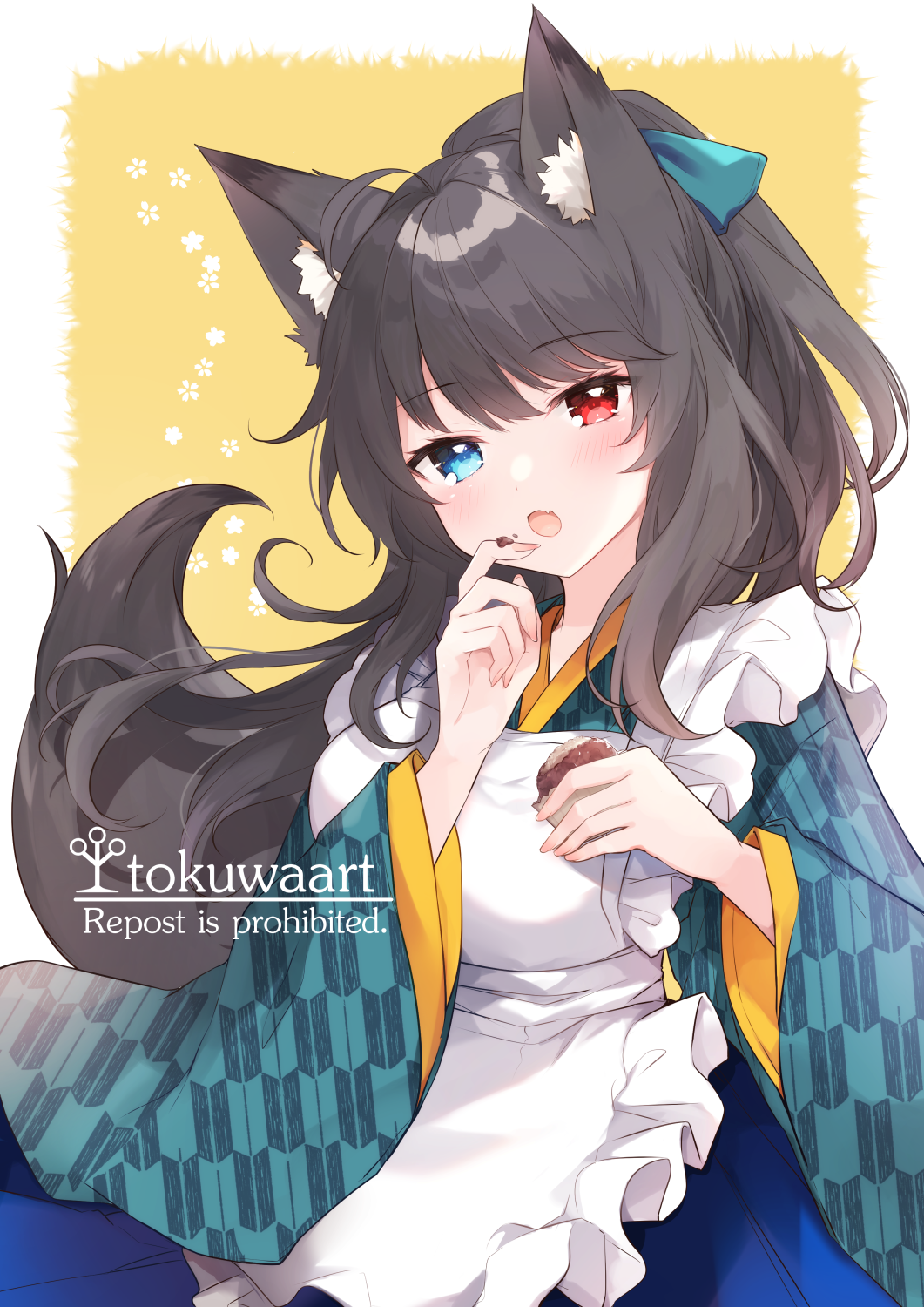 1girl animal_ear_fluff animal_ears apron bangs black_hair blue_bow blue_eyes blue_kimono blue_skirt blush bow breasts brown_background commentary_request commission english_text eyebrows_visible_through_hair fang floral_background fox_ears fox_girl fox_tail frilled_apron frills fukunoki_tokuwa hair_bow head_tilt heterochromia highres holding japanese_clothes kimono long_hair looking_at_viewer maid_apron medium_breasts open_mouth original pleated_skirt print_kimono red_eyes skeb_commission skirt solo tail two-tone_background very_long_hair wa_maid white_apron white_background yagasuri