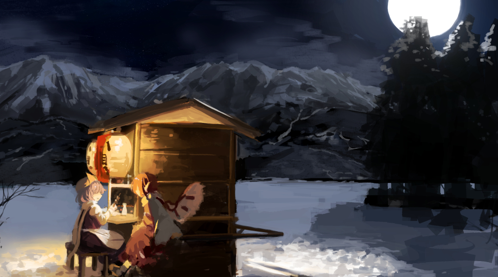 2girls clip_studio_paint_(medium) clouds eating from_side lantern letty_whiterock moon moonlight mountain multiple_girls mystia_lorelei night open_mouth purple_hair redhead scenery sitting smile suna_(s73d) touhou tree white_headwear wings