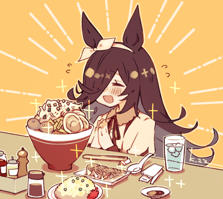 1girl :d ^_^ animal_ears bow bow_hairband bowl brown_hair chopsticks closed_eyes commentary_request cup drinking_glass dumpling food fried_rice glass hairband horse_ears horse_girl jiaozi kasuga_haruhi long_hair noodles own_hands_together pepper_shaker plate ramen rice rice_shower_(umamusume) smile solo soy_sauce sparkle table umamusume very_long_hair water white_bow white_hairband