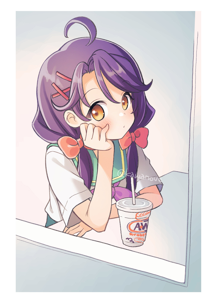 1girl a&amp;w ahoge aozora_middle_school_uniform bow cup disposable_cup drinking_straw green_sailor_collar hair_bow hair_ornament hairclip head_rest kawanobe looking_at_viewer precure purple_bow purple_hair red_bow sailor_collar school_uniform serafuku short_sleeves sitting solo suzumura_sango tropical-rouge!_precure window x_hair_ornament