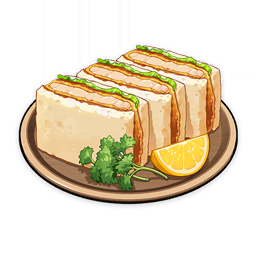 artist_request bread commentary english_commentary flower food food_focus fruit game_cg genshin_impact leaf lemon lemon_slice lettuce lowres meat no_humans official_art parsley plate raw_fish sandwich sliced_meat still_life third-party_source tonkatsu transparent_background