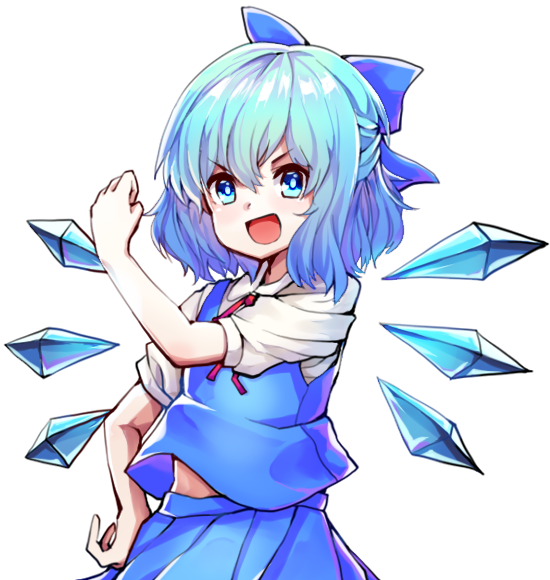1girl :d bangs blue_bow blue_eyes blue_hair blue_skirt blue_vest blush bow cirno collared_shirt commentary_request eyebrows_visible_through_hair hair_between_eyes hair_bow ice ice_wings looking_at_viewer megato neck_ribbon open_mouth pleated_skirt puffy_short_sleeves puffy_sleeves red_ribbon ribbon shirt short_hair short_sleeves simple_background skirt skirt_set smile solo touhou undershirt upper_body v-shaped_eyebrows vest wavy_hair white_background white_shirt wings
