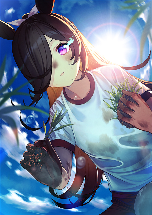 1girl animal_ears blurry blurry_foreground brown_hair closed_mouth clouds day dirt dirty dirty_clothes dirty_face flaming_eye from_below hair_over_one_eye horse_ears lens_flare lips long_hair outdoors red_shorts rice_shower_(umamusume) shirt short_sleeves shorts solo sun sweatdrop umamusume unowen violet_eyes white_shirt