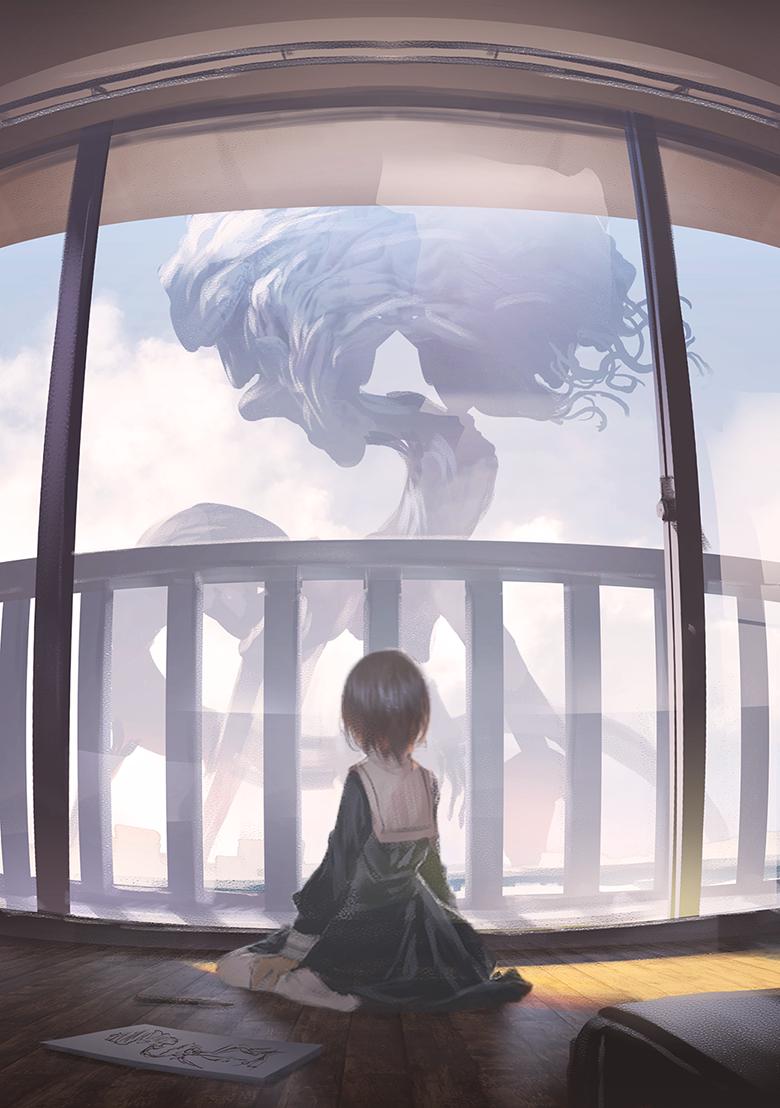 1girl backpack bag brown_bag brown_hair building child clouds cloudy_sky drawing eldritch_abomination indoors mogumo monster no_shoes original paper pencil_skirt scenery school_uniform short_hair sitting size_difference skirt sky tentacles thigh-highs uniform wariza white_legwear wooden_floor