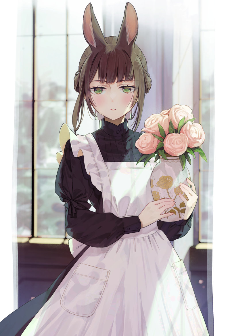 1girl :&lt; alternate_costume animal_ears apron bangs black_dress blunt_bangs blurry blush bouquet brown_hair closed_mouth day dress enmaided expressionless eyebrows_visible_through_hair flower glaring green_eyes holding holding_pot holding_vase indoors jitome long_sleeves looking_at_viewer maid maid_apron maid_headdress original pink_flower pink_rose pot puffy_sleeves rabbit_ears rose short_hair sidelocks solo syuri22 white_apron white_headdress window