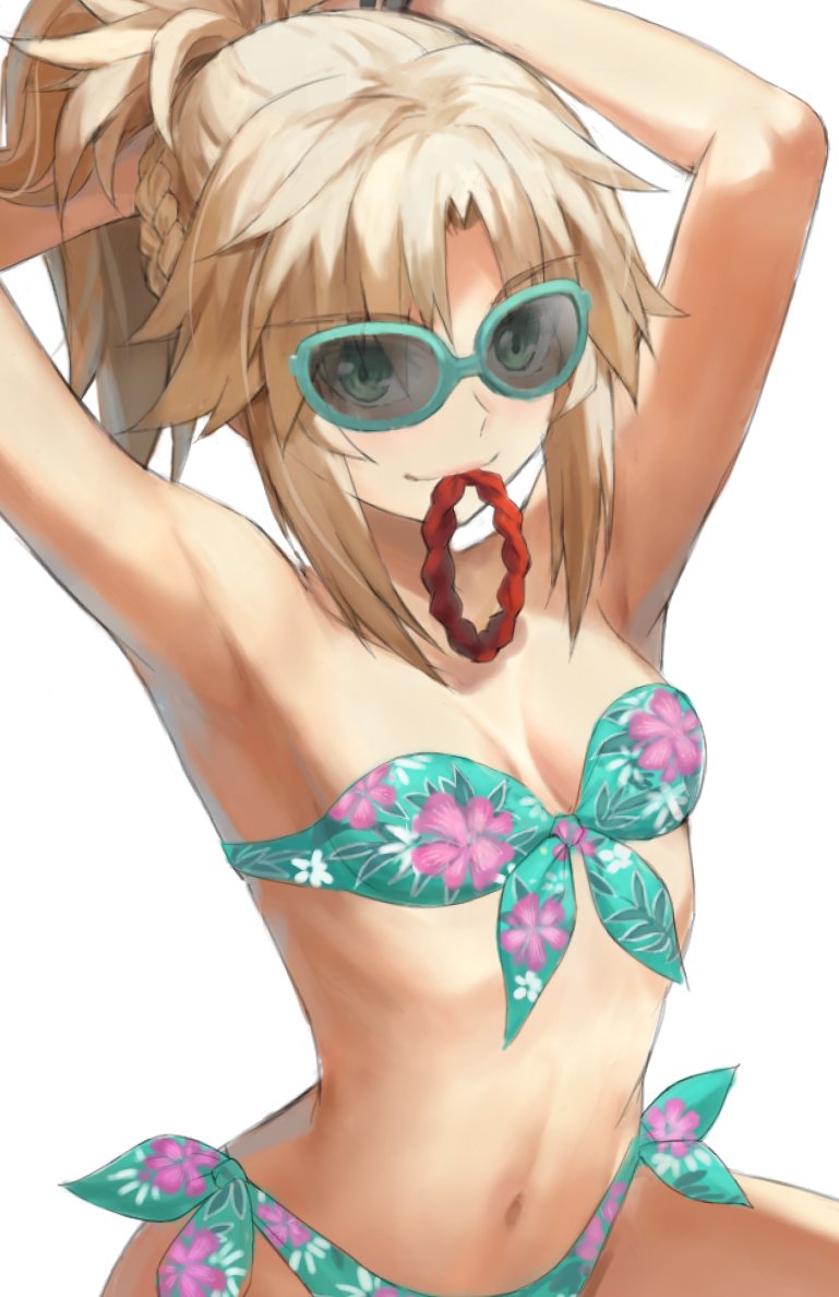 1girl armpits arms_behind_head arms_up bangs bare_shoulders bikini blonde_hair braid breasts collarbone fate/apocrypha fate/grand_order fate_(series) floral_print flower_bikini french_braid green_bikini green_eyes hair_tie_in_mouth long_hair looking_at_viewer mordred_(fate) mordred_(fate/apocrypha) mouth_hold navel parted_bangs ponytail red_scrunchie scrunchie sidelocks small_breasts smile sunglasses swimsuit tonee tying_hair
