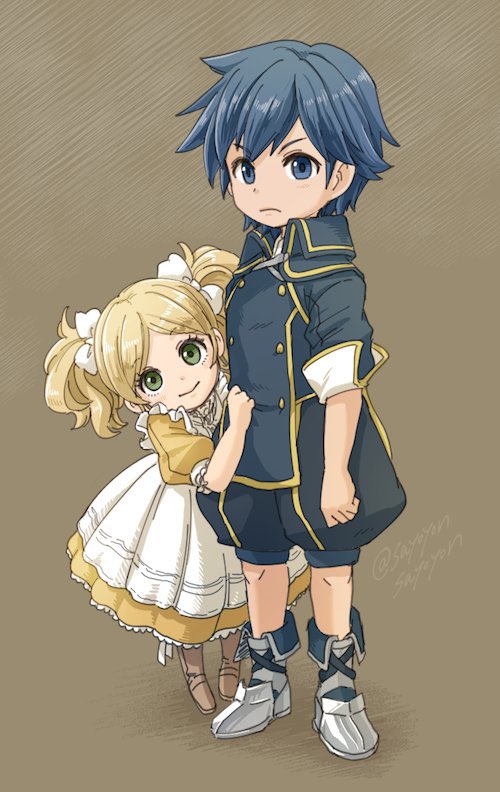 1boy 1girl blonde_hair blue_eyes blue_hair bow brother_and_sister brown_background brown_footwear chrom_(fire_emblem) dress fire_emblem fire_emblem_awakening full_body green_eyes hair_bow lissa_(fire_emblem) long_hair looking_at_viewer official_alternate_costume sayoyonsayoyo short_hair siblings silver_footwear twintails twitter_username younger