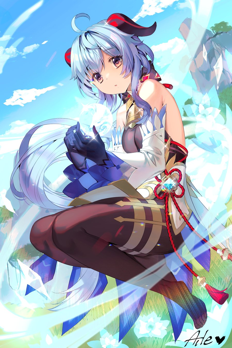 1girl ahoge aile_(crossroads) artist_name bangs bare_shoulders bell black_gloves black_legwear blue_hair blush bow breasts chinese_knot detached_sleeves flower_knot full_body ganyu_(genshin_impact) genshin_impact gloves gold_trim highres horns long_hair looking_at_viewer magic medium_breasts neck_bell no_shoes orb outdoors red_rope rope sidelocks solo tassel thighlet violet_eyes vision_(genshin_impact) waist_cape white_sleeves wind