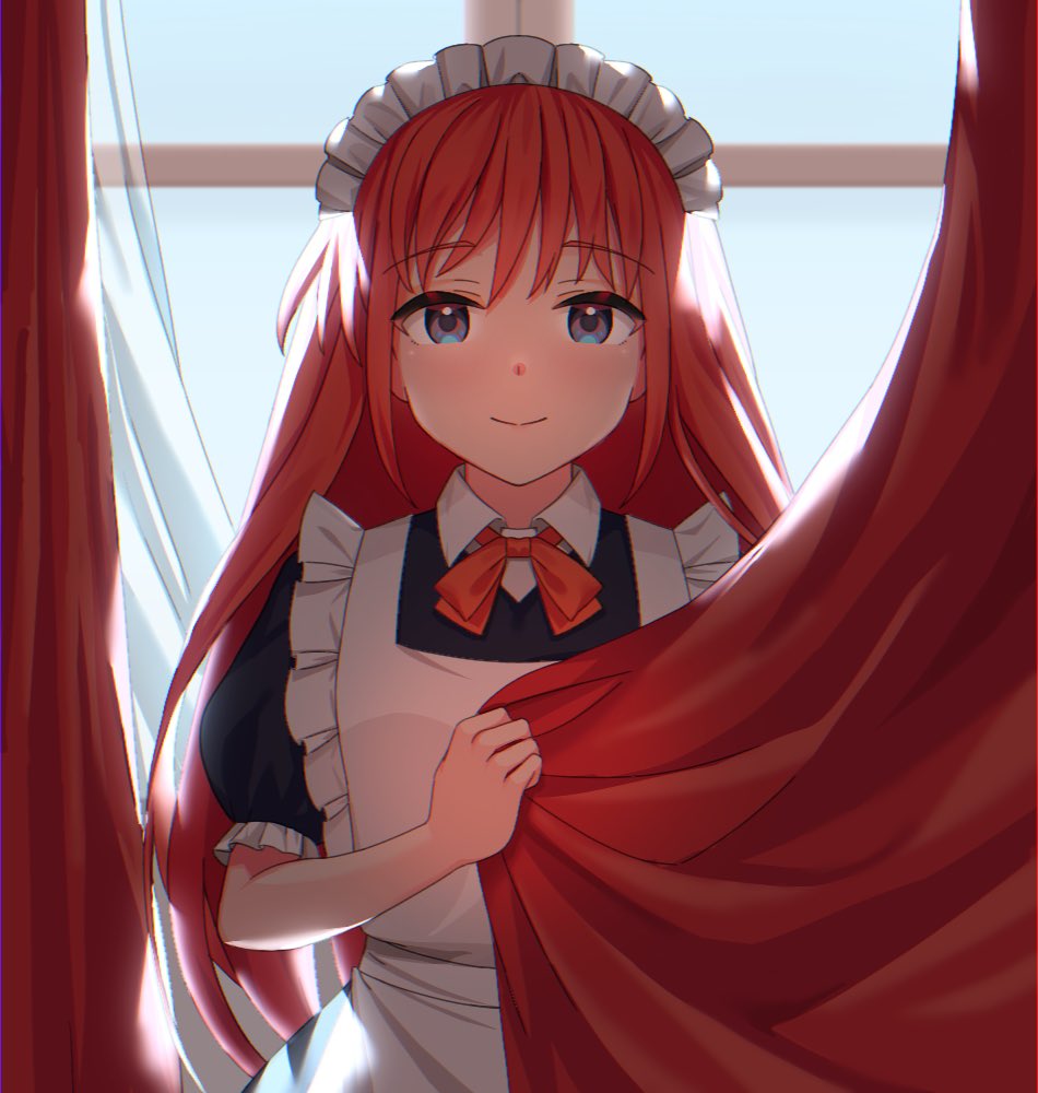 1girl apron bangs black_dress blue_eyes blush c_i_an closed_mouth collared_dress commentary curtain_grab curtains day dress english_commentary eyebrows_visible_through_hair indoors long_hair looking_at_viewer maid maid_apron maid_headdress neck_ribbon red_ribbon redhead ribbon seihou short_sleeves smile solo upper_body very_long_hair vivit white_apron window