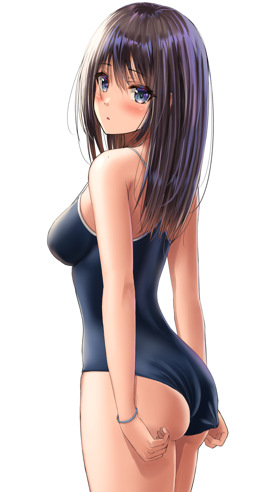 1girl adjusting_clothes adjusting_swimsuit ass black_eyes blue_eyes blue_swimsuit breasts competition_school_swimsuit cowboy_shot highres long_hair looking_at_viewer medium_breasts original school_swimsuit simple_background solo swimsuit white_background yukemuriganmo