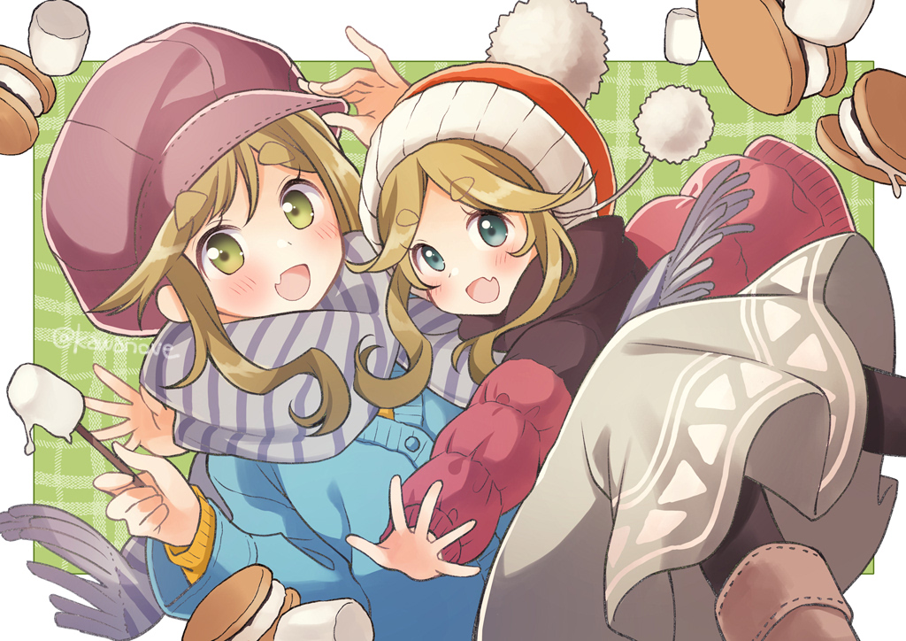 2girls :d adjusting_clothes adjusting_headwear aqua_eyes black_legwear blanket blue_coat brown_hair brown_headwear coat eyebrows_visible_through_hair fang food green_eyes grey_scarf grey_skirt hug inuyama_akari inuyama_aoi kawanobe long_sleeves marshmallow multiple_girls pom_pom_(clothes) red_coat red_headwear s'more scarf siblings sisters skin_fang skirt smile striped striped_scarf thick_eyebrows yurucamp