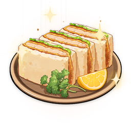 artist_request bread commentary english_commentary flower food food_focus fruit game_cg genshin_impact leaf lemon lemon_slice lettuce lowres meat no_humans official_art parsley plate raw_fish sandwich sliced_meat still_life third-party_source tonkatsu transparent_background