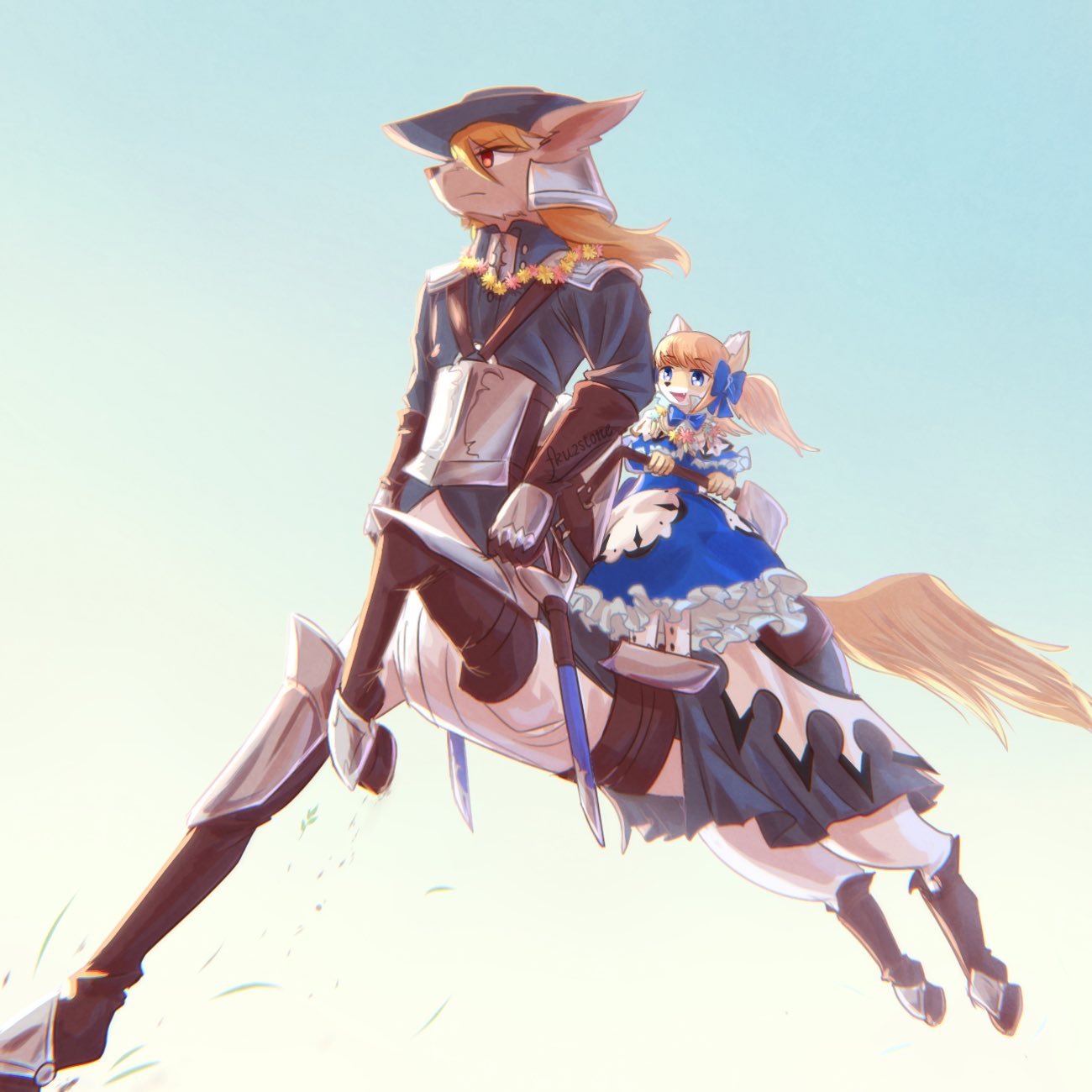 1boy 1girl :d animal_ears armor bangs black_coat black_headwear blonde_hair blue_background blue_bow blue_dress blue_eyes bow brown_legwear centaur coat commentary_request dog_ears dress eyebrows_visible_through_hair fang fkufku flower_wreath frilled_dress frills full_body furry furry_female furry_male gauntlets hair_between_eyes hair_bow hat highres holding horse_tail horseback_riding long_hair long_sleeves military military_uniform monster_boy multiple_legs open_mouth original rapier red_eyes riding running saddle sheath sheathed shin_guards shoulder_pads sidelocks simple_background sitting smile snout sword tail taur twintails twitter_username uniform weapon