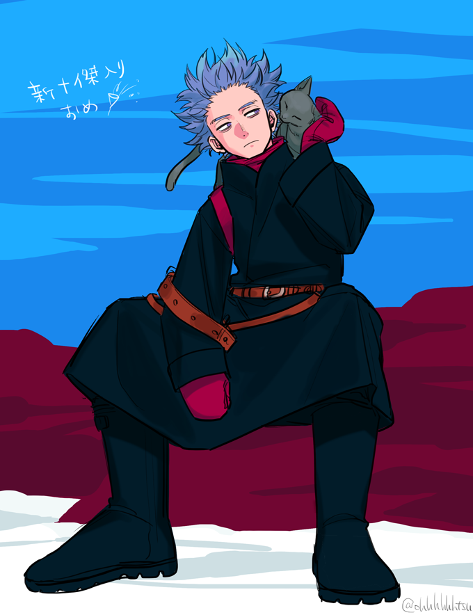 1boy animal bangs belt black_jacket black_pants blue_background boku_no_hero_academia brown_belt cat closed_mouth grey_background invisible_chair jacket male_focus mittens ohhhhhhtsu pants purple_hair red_background shinsou_hitoshi shiny shiny_hair short_hair sideways_glance sitting solo spiky_hair translation_request twitter_username