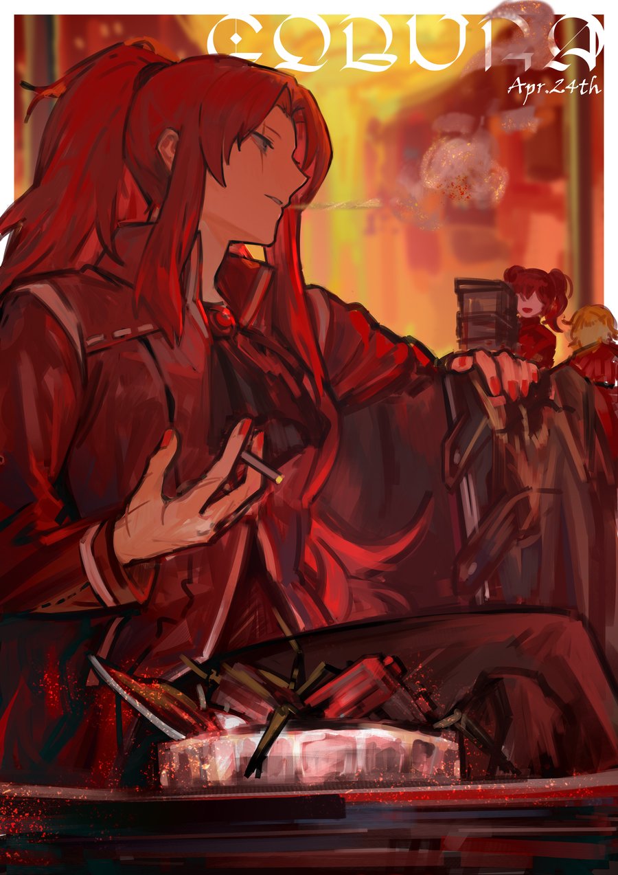 bangs birthday cigarette facing_to_the_side gebura_(project_moon) highres holding holding_cigarette jewelry library_of_ruina long_hair long_sleeves multiple_girls nishikujic pants ponytail project_moon redhead scar scar_across_eye scar_on_face sitting smoke_trail smoking