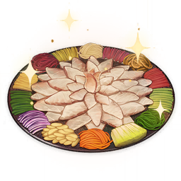 artist_request carrot commentary english_commentary fish flower food food_focus game_cg genshin_impact lowres no_humans official_art onion petals pine_nuts plate raw_fish still_life third-party_source transparent_background vegetable