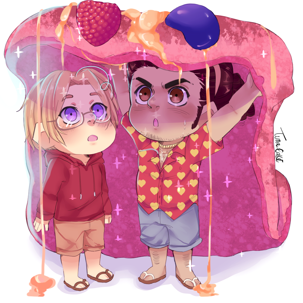 2boys :o artist_name axis_powers_hetalia canada_(hetalia) chibi cuba_(hetalia) dark-skinned_male dark_skin dreadlocks facial_hair flip-flops food glasses hood hoodie lifting looking_up marizayo multiple_boys open_mouth oversized_food pancake plump red_hoodie sandals syrup thick_eyebrows