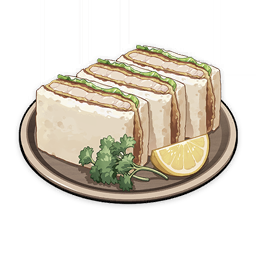 artist_request bread commentary english_commentary flower food food_focus fruit game_cg genshin_impact leaf lemon lemon_slice lettuce lowres meat muted_color no_humans official_art parsley plate raw_fish sandwich sliced_meat still_life third-party_source tonkatsu transparent_background