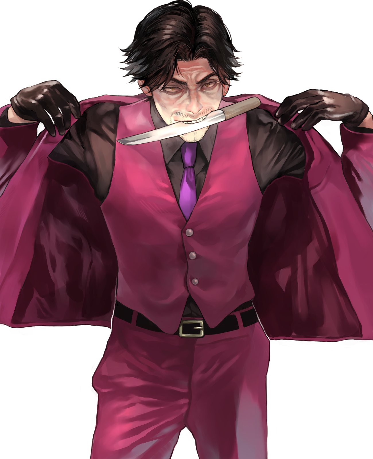 1boy black_gloves black_hair black_shirt dagger ear_piercing facial_hair fangs formal gloves goatee highres holding holding_weapon in_mouth jacket knife leather leather_gloves lips male_focus manly mature_male necktie nishitani_homare pants piercing purple_necktie red_eyes red_jacket red_pants ryuu_ga_gotoku ryuu_ga_gotoku_0 samuraisamurai shirt short_hair tongue tongue_out upper_body vest weapon yakuza