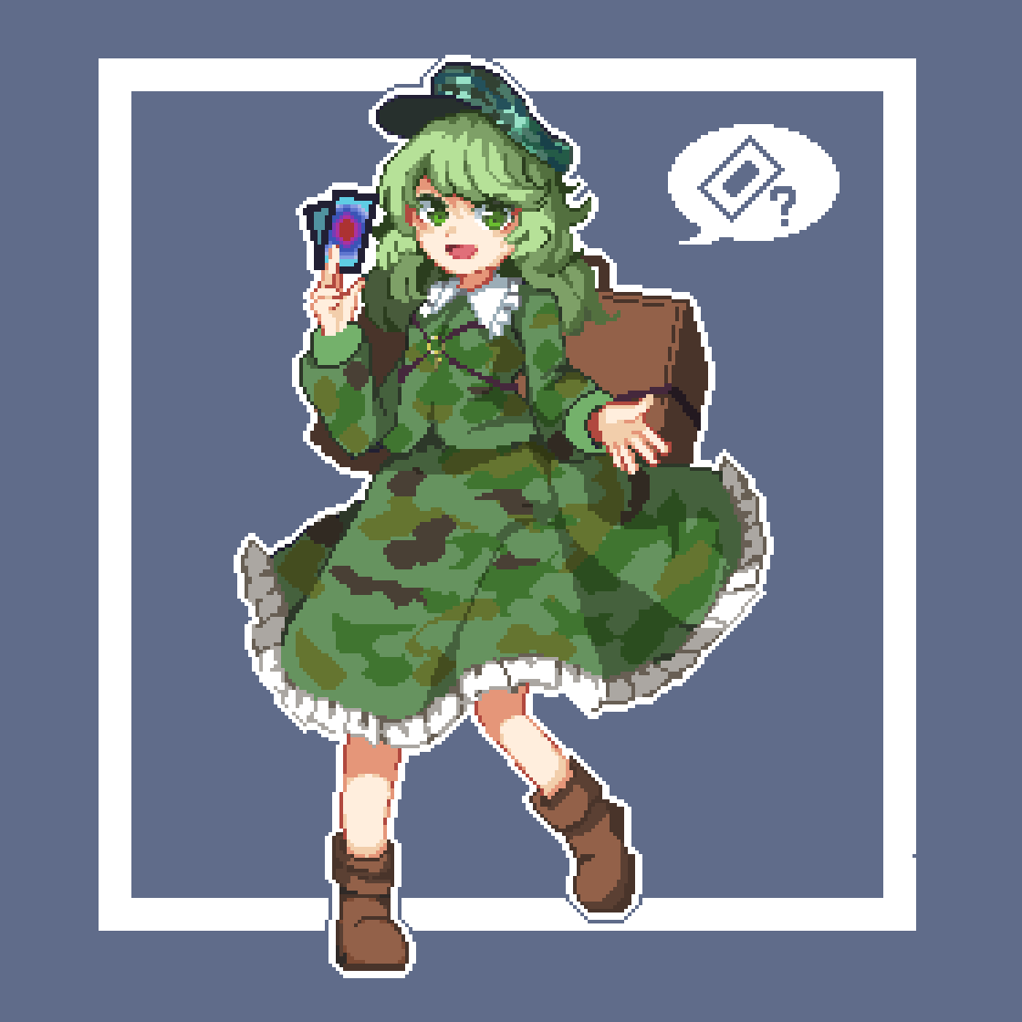 1girl :d aqua_headwear bangs boots box brown_footwear camouflage camouflage_jacket camouflage_skirt card flat_cap full_body green_eyes green_hair green_jacket green_skirt hat holding holding_card hui_mi_(hennji_echo) jacket key medium_hair open_mouth outline pixel_art skirt smile solo speech_bubble touhou white_outline yamashiro_takane