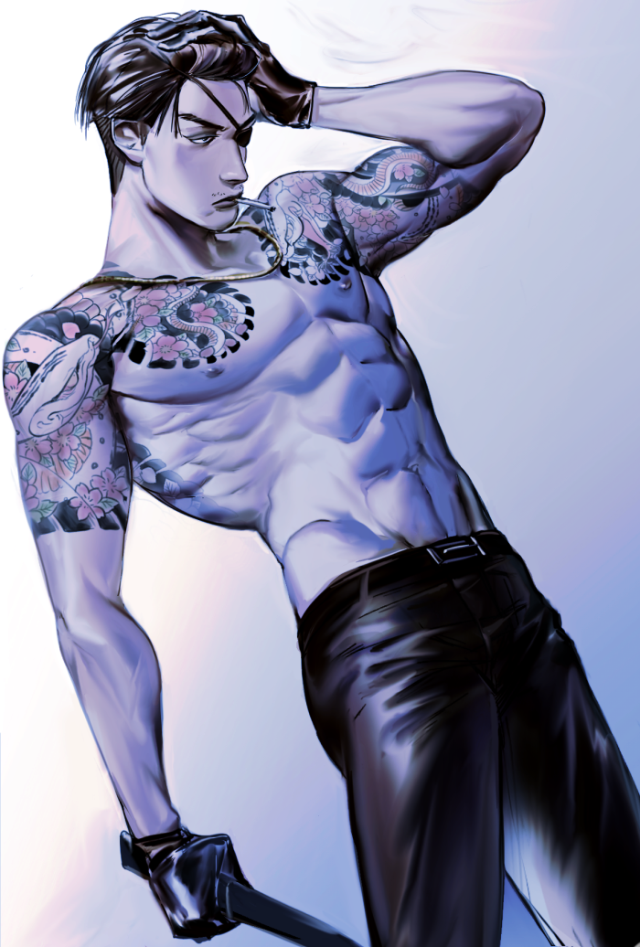 1boy abs bandages black_gloves black_hair black_pants blue_background blue_theme brown_eyes cigarette commentary_request dagger eyebrows eyepatch gloves irezumi knife leather leather_gloves majima_gorou male_focus mature_male navel pants ryuddangkong ryuu_ga_gotoku ryuu_ga_gotoku_1 ryuu_ga_gotoku_kiwami short_hair short_sword smoking snake snake_tattoo sword tantou tattoo thick_eyebrows topless_male weapon yakuza