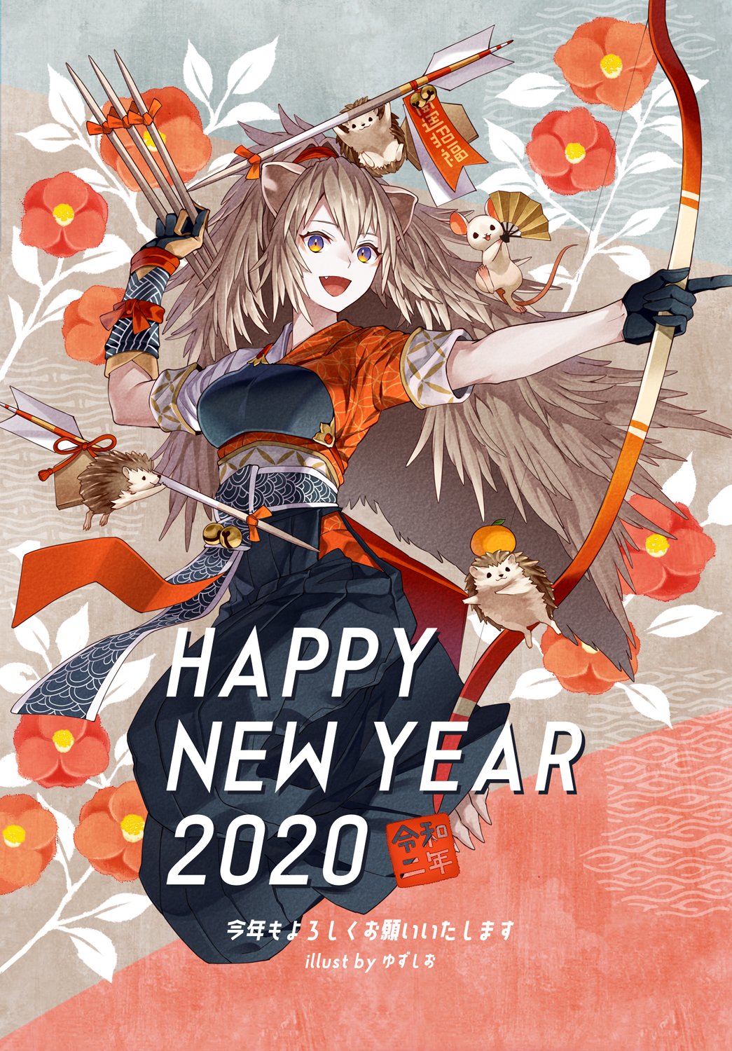 1girl 2020 animal animal_feet archery arrow_(projectile) black_gloves blue_eyes bow_(weapon) chinese_zodiac claws english_text fang flower full_body gloves hair_intakes hakama hakama_skirt hand_fan hand_up hedgehog hedgehog_ears highres hip_vent holding holding_arrow japanese_clothes jumping leaf light_brown_hair long_hair looking_at_viewer multicolored_eyes muneate new_year open_mouth original paper_fan partially_fingerless_gloves pleated_skirt ponytail rat red_flower short_sleeves single_glove skirt solo spines very_long_hair weapon year_of_the_rat yellow_eyes yugake yuzu_shio