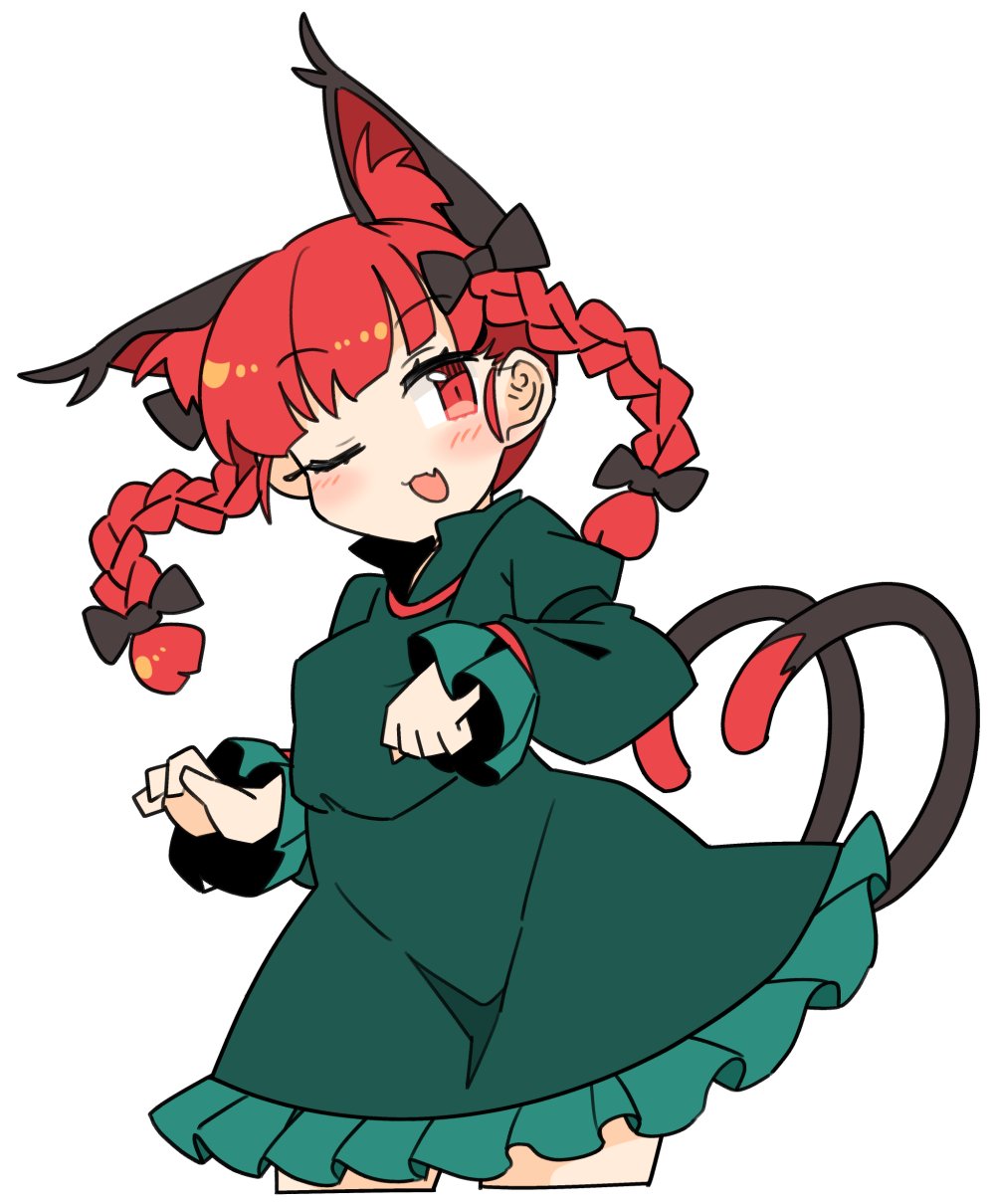 1girl ;d animal_ears black_bow blush bow braid cat_ears cat_tail contrapposto cowboy_shot cropped_legs dress extra_ears fang green_dress hair_bow highres ini_(inunabe00) kaenbyou_rin long_sleeves looking_at_viewer multiple_tails nekomata one_eye_closed open_mouth paw_pose puffy_sleeves red_eyes redhead skin_fang smile solo tail touhou twin_braids