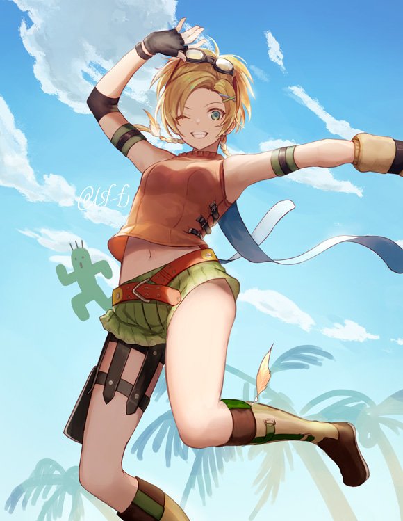 1girl armband belt blonde_hair breasts clouds female final_fantasy final_fantasy_x fingerless_gloves foot_out_of_frame gloves goggles green_eyes green_shorts hair_ornament hairclip hand_up looking_at_viewer one_eye_closed outdoors parted_bangs rikku sabotender sasanomesi shirt short_hair short_shorts shorts sleeveless sleeveless_shirt smile solo thigh_holster tree x_hair_ornament