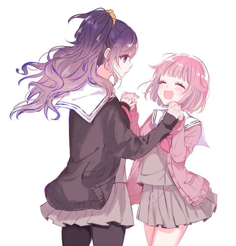 2girls ^_^ asahina_mafuyu black_cardigan black_legwear blouse cardigan closed_eyes closed_mouth contrapposto cowboy_shot expressionless eyebrows_visible_through_hair facing_another fingernails floating_hair grey_shirt grey_skirt hair_ornament hair_scrunchie hana_kon_(17aaammm) hands_up happy height_difference high_ponytail holding_hands interlocked_fingers laughing light_blush looking_at_another multiple_girls neckerchief ootori_emu open_cardigan open_clothes open_mouth orange_scrunchie pantyhose pink_cardigan pink_hair pink_neckerchief pleated_skirt profile project_sekai purple_hair sailor_collar school_uniform scrunchie shiny shiny_hair shirt short_hair simple_background skirt white_background white_sailor_collar